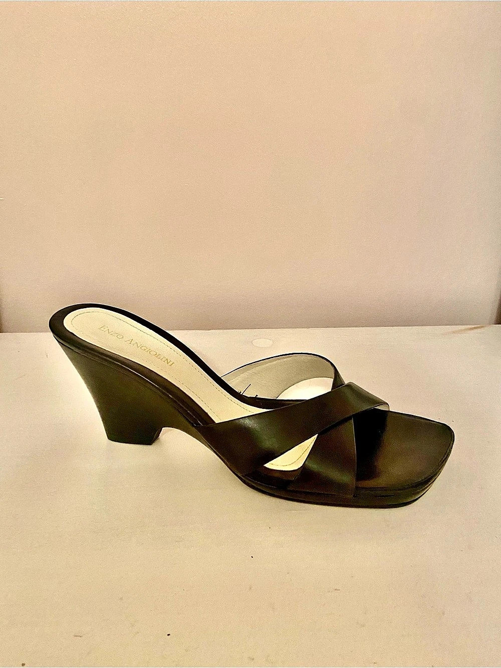 Enzo Angiolini Black Leather Cross Strap Wedge Mules Size 8N